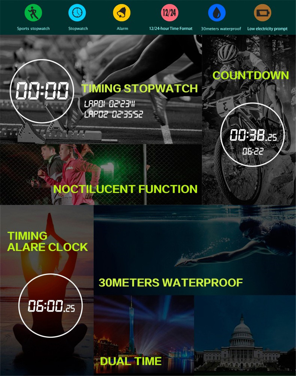 Sanda Men Military Sports Fashion Waterproof Big Dial LED Watch